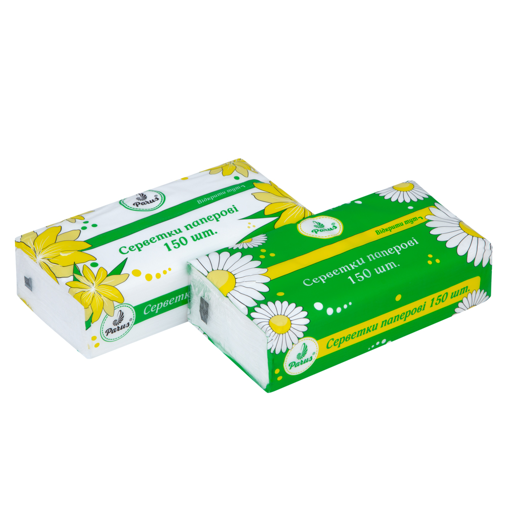 Серветки косметичні 200х200 мм, 150 шт., 2-х шар., в п/п упак., білі Parus KP002